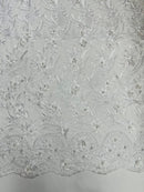3D Floral Leaf Panels - White - Embroidered 3D Flower Lines with Pearls on Lace By Yard