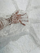 King Lace Pattern Fabric - White - Embroidered Sequins on Lace Mesh Fabric By Yard