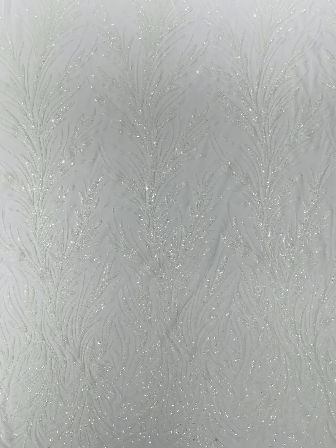 Leaf Design Stretch Sequins - White - 4 Way Stretch Lace Mesh Sequins Fabric by Yard