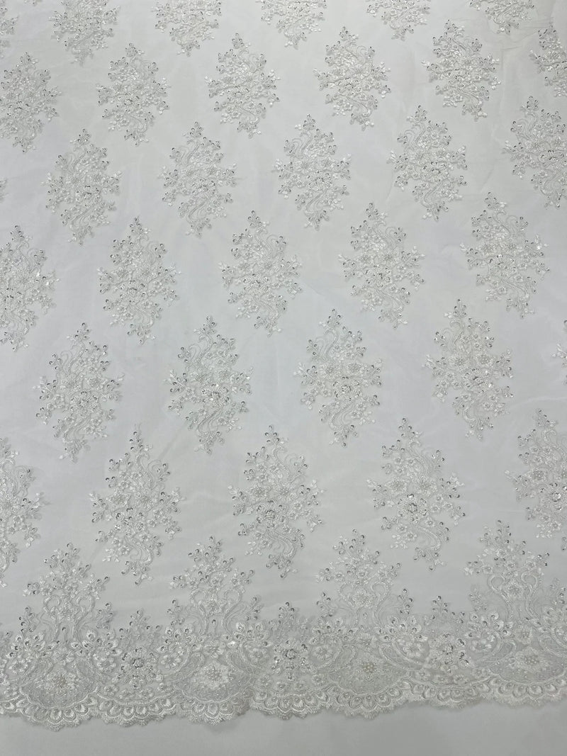 Floral Pearl Bead Fabric - White - Flower Design with Beads and Sequins Fabric Sold By Yard