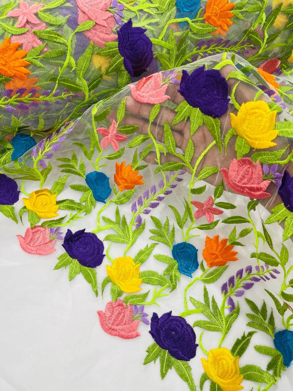 Multi-Color Mexican Sarape Fabric - White Mesh Flower Design Embroidered Lace Fabric By Yard