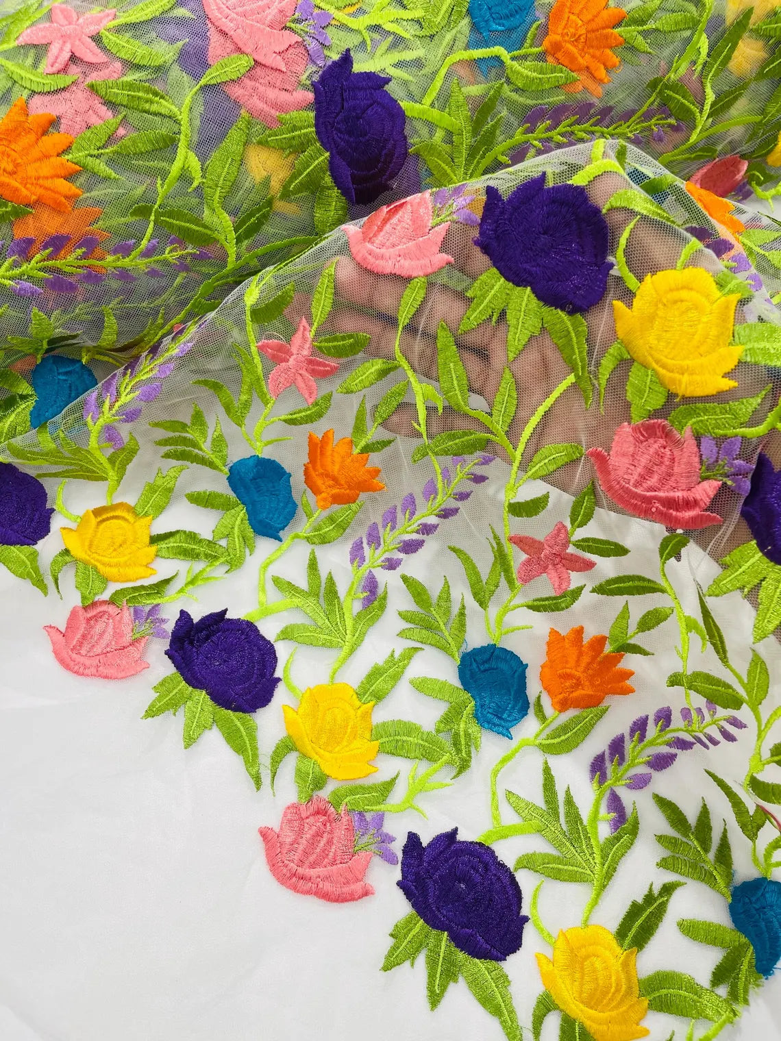 Multi-Color Mexican Sarape Fabric - White Mesh Flower Design Embroidered Lace Fabric By Yard