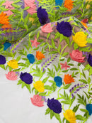 Multi-Color Mexican Sarape Fabric - White Mesh Flower Design Embroidered Lace Fabric By Yard