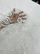 3D Rose Chunky Glitter Fabric - White - Rose Floral Design Glitter on Tulle Fabric Sold by Yard