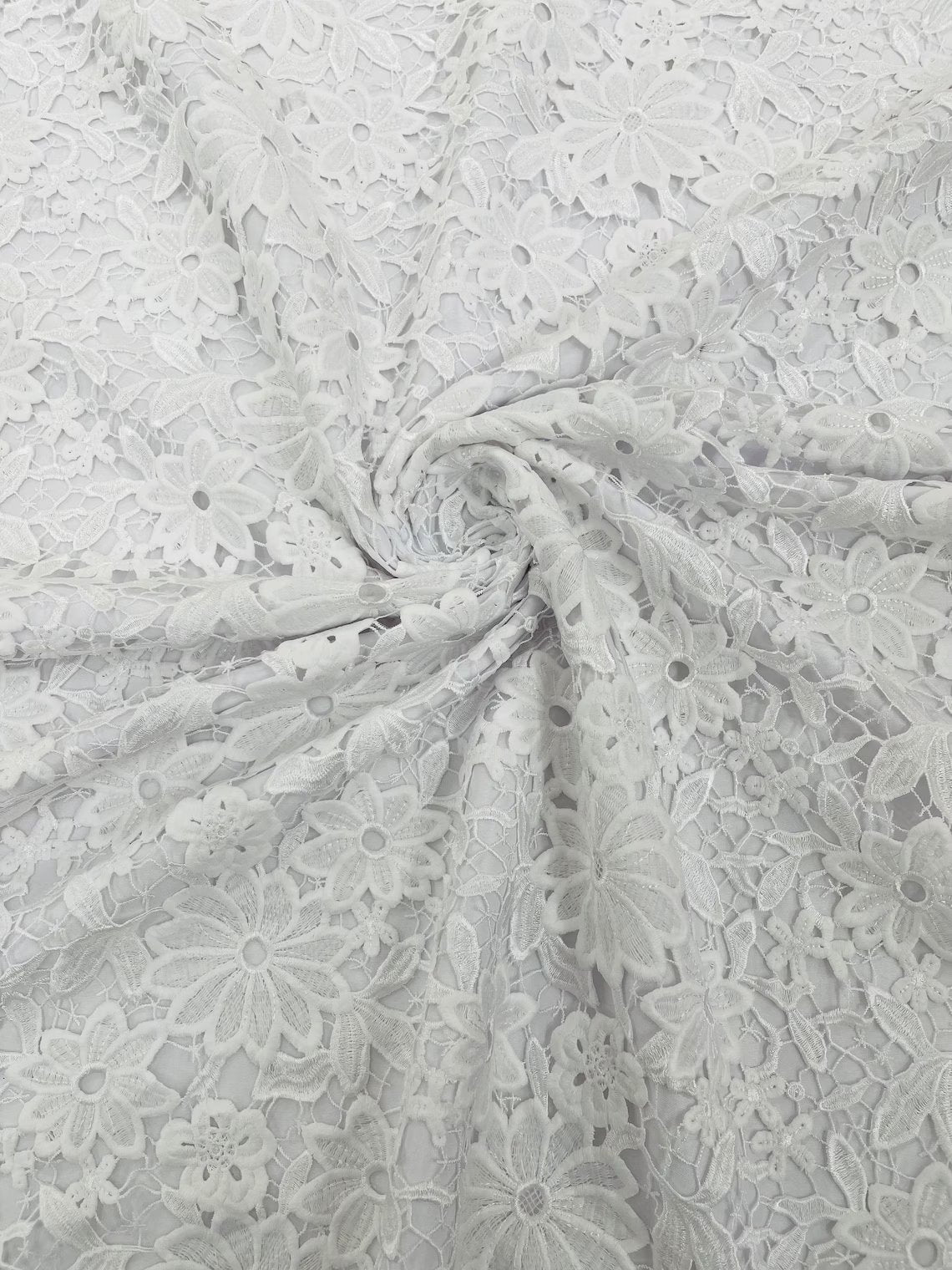 Guipure Lace Design Fabric - White - Solid Floral Lace Fabric by Yard