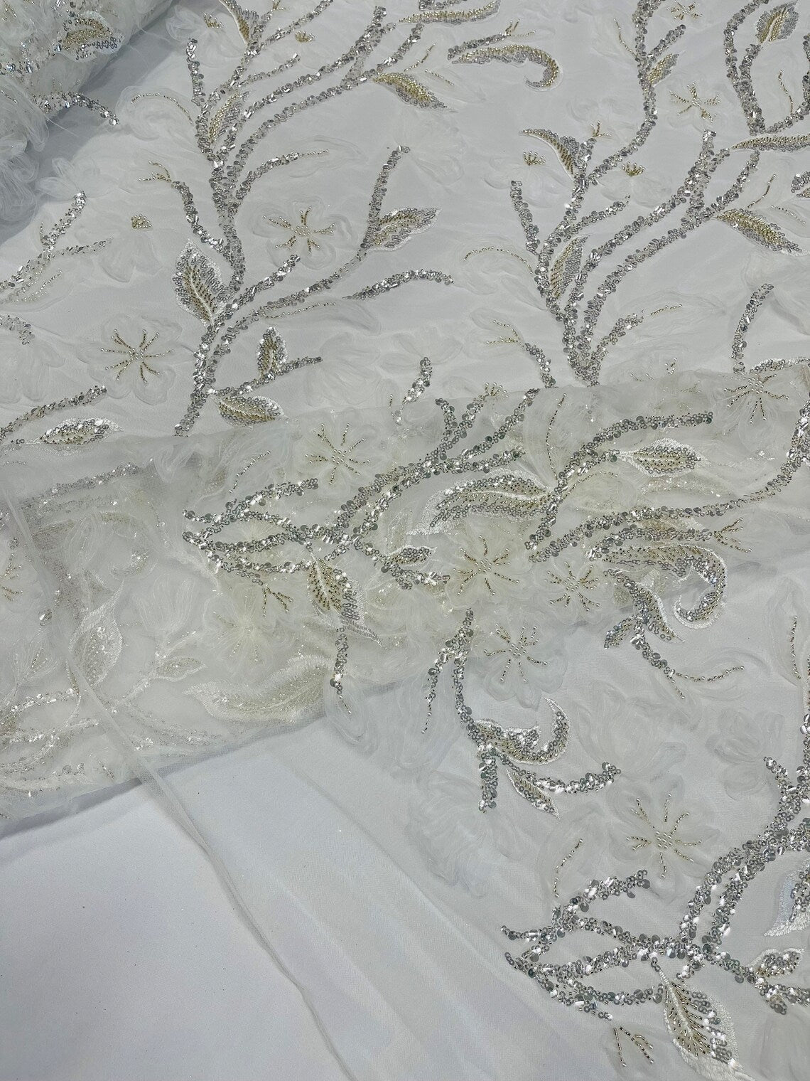 3D Tulle Flower Bead Fabric - White - Mesh Flower Plant Design with Beads By Yard