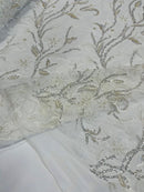 3D Tulle Flower Bead Fabric - White - Mesh Flower Plant Design with Beads By Yard