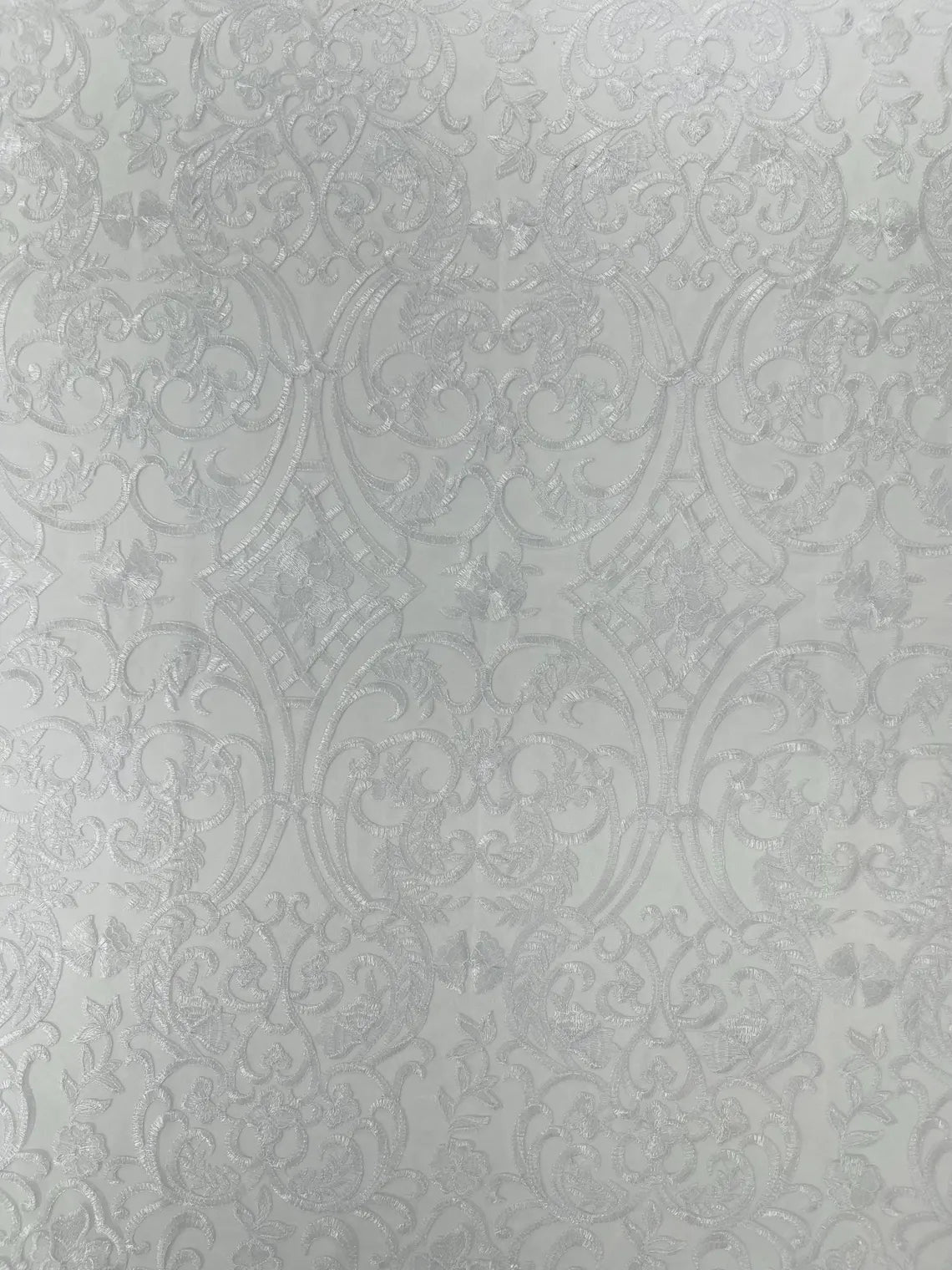 Fancy Damask Lace Fabric - White - Embroidered Damask Design Mesh on Lace Fabric by Yard