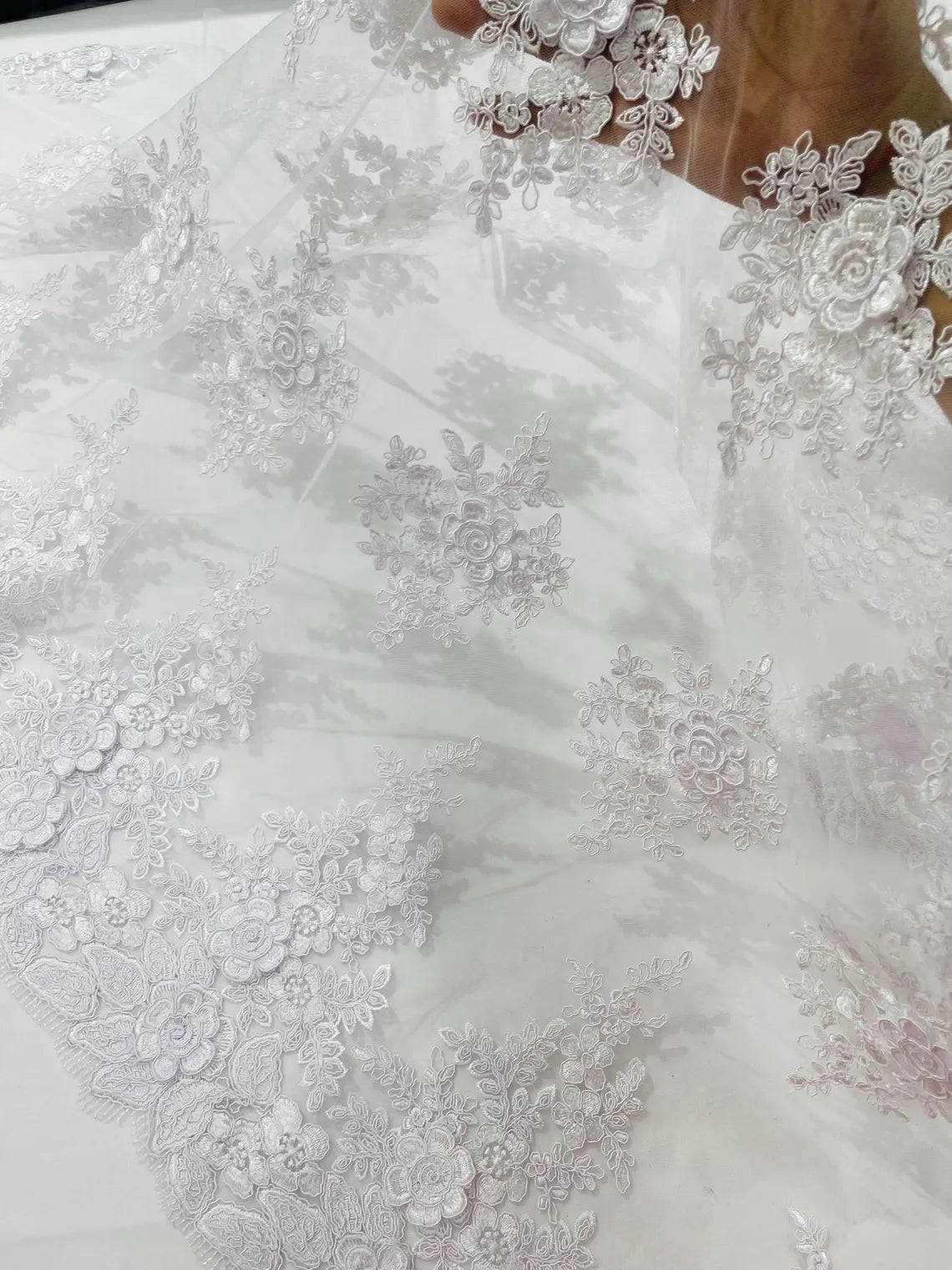Corded Floral 3D Fabric - White - Embroidered Floral Design on Lace Mesh Fabric by Yard