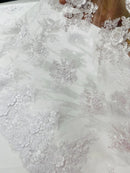 Corded Floral 3D Fabric - White - Embroidered Floral Design on Lace Mesh Fabric by Yard