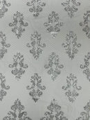 King Damask Design Fabric - White - Embroidered Corded Mesh Lace Fabric with Sequins By Yard