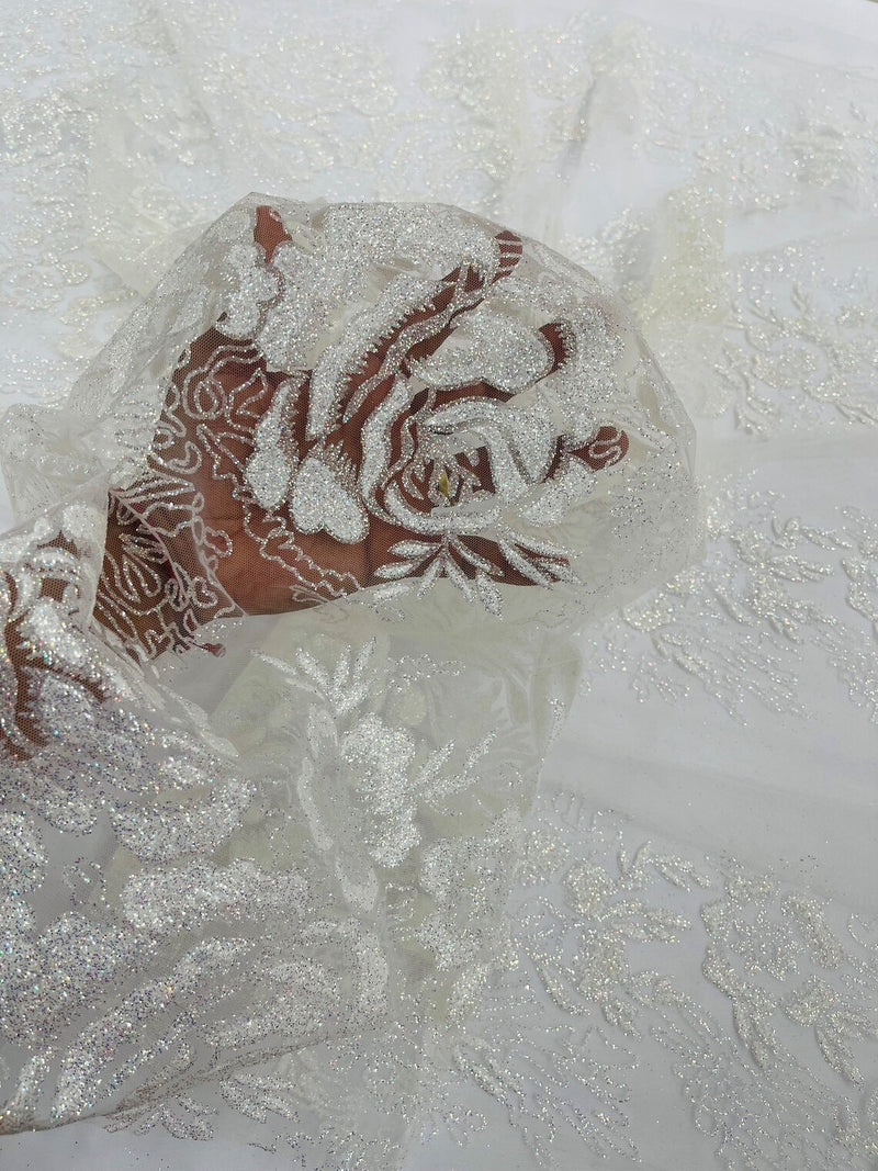 Rose Glitter Fabric - White - 3D Glitter Rose Tulle Fabric for Wedding, Quinceañera By Yard