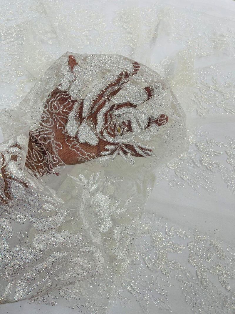 Rose Glitter Fabric - White - 3D Glitter Rose Tulle Fabric for Wedding Rose Glitter Fabric - White - 3D Glitter Rose Tulle Fabric for Wedding