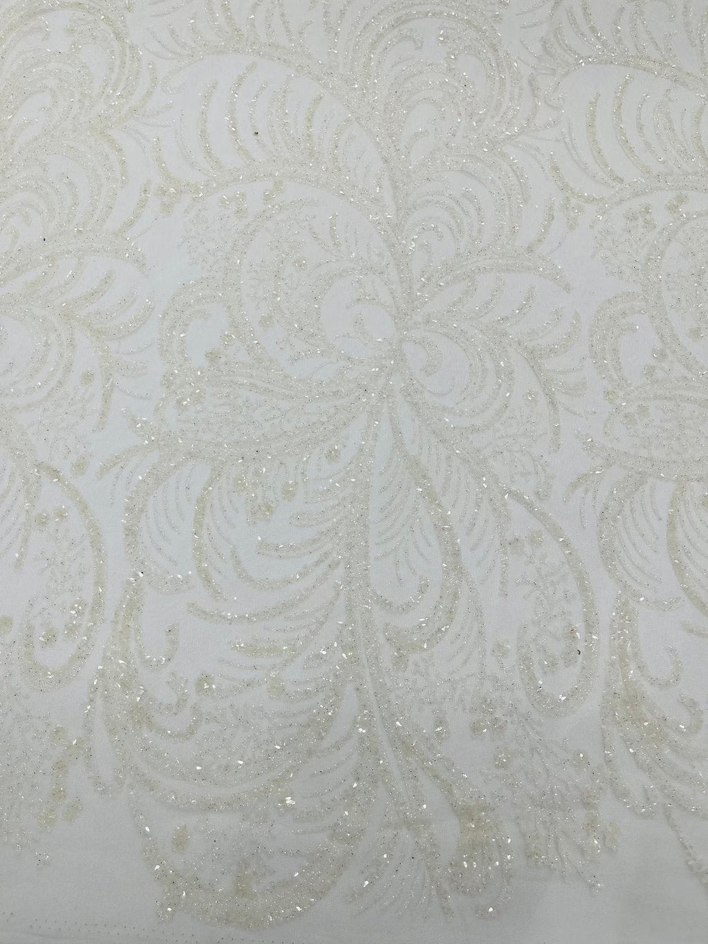 Glitter Palm Leaf Design Fabric - White - Tulle Mesh Glitter Leaf Design Fabric Sold By Yard