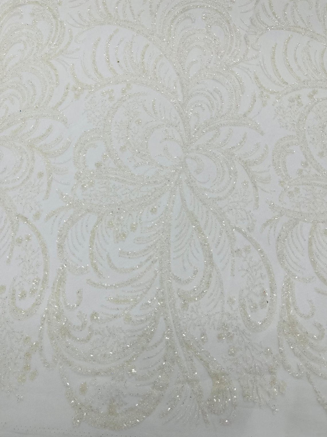 Glitter Palm Leaf Design Fabric - White - Tulle Mesh Glitter Leaf Design Fabric Sold By Yard