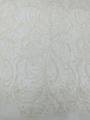 Glitter Palm Leaf Design Fabric - White - Tulle Mesh Glitter Leaf Design Fabric Sold By Yard