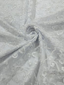 Butterfly Swirl Lace Fabric - White - Metallic Sequins Design on Lace Fabric By Yard