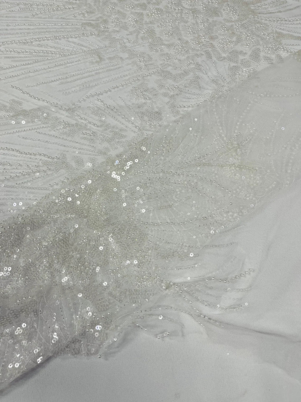 Beaded Floral Line Fabric - White - Beaded Embroidered Lines and Flowers on Mesh By Yard
