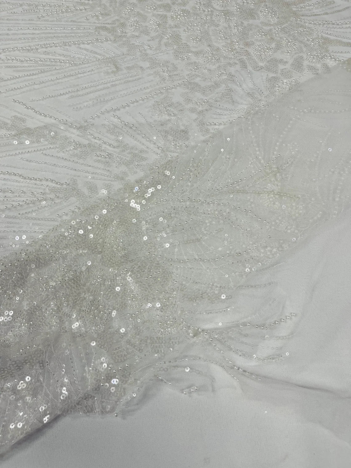 Beaded Floral Line Fabric - White - Beaded Embroidered Lines and Flowers on Mesh By Yard
