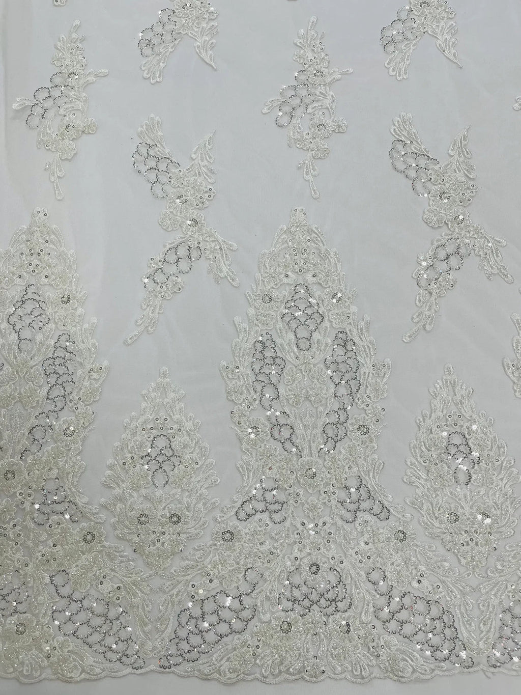 Heavy Bead Floral Fabric - White - Beaded Flower Design Fabric Fancy Border By Yard