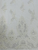 Heavy Bead Floral Fabric - White - Beaded Flower Design Fabric Fancy Border By Yard