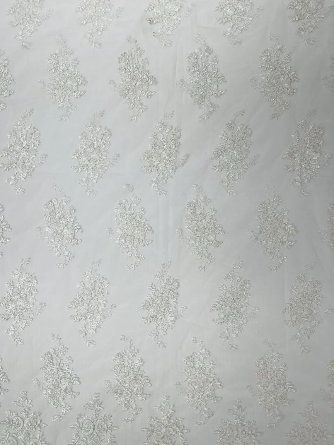 Floral Damask Lace Fabric - White - Embroidered Damask Flowers on Lace Fabric By Yard