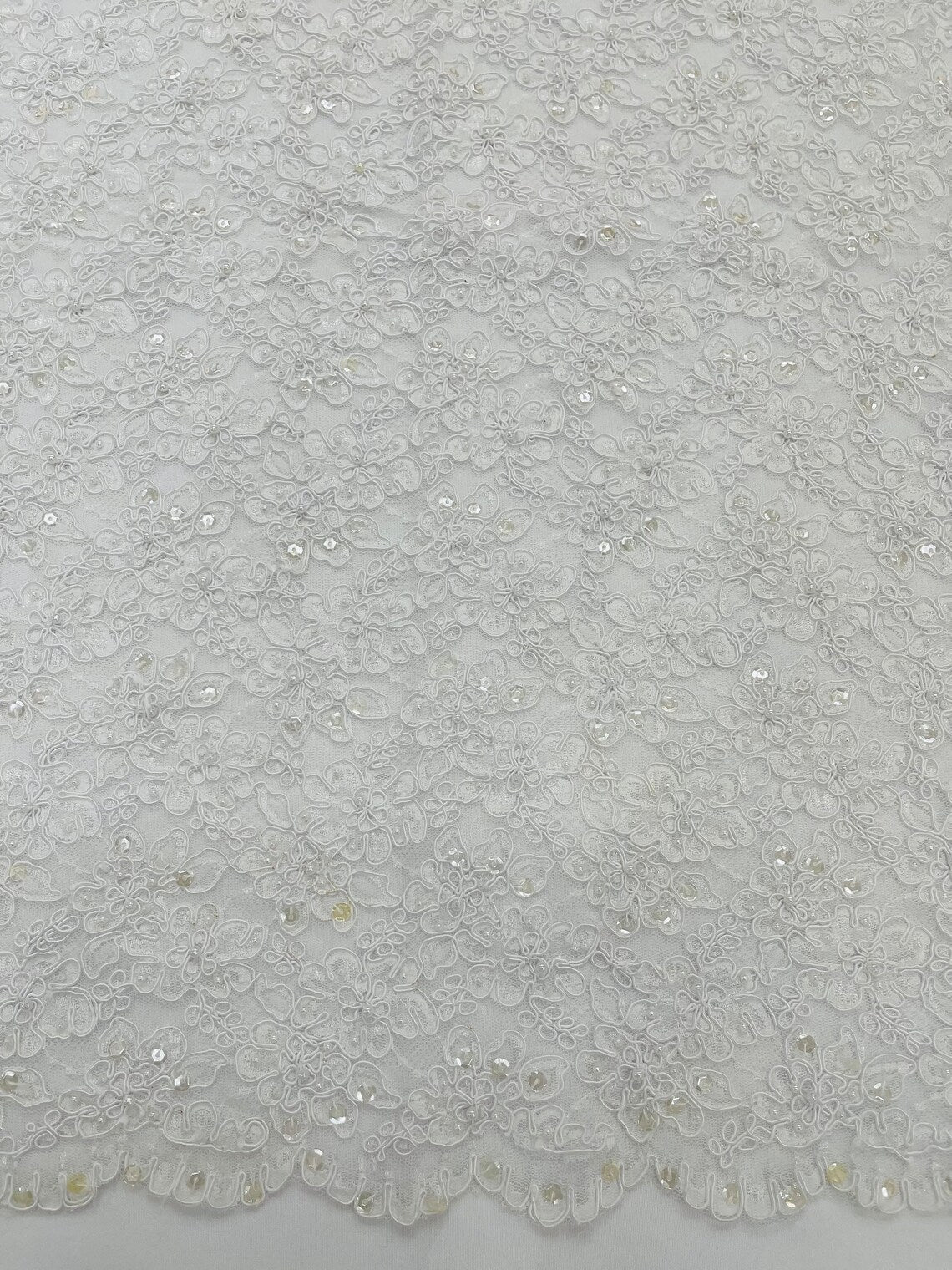 Floral Pearls and Sequins Fabric - White - Beaded Fabric Embroidered Lace By The Yard