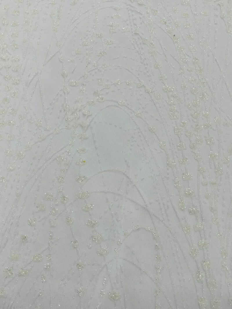 Tulle Glitter Fancy Line Fabric - White - Tulle Fabric with Sparkle Glitter Design Sold By Yard
