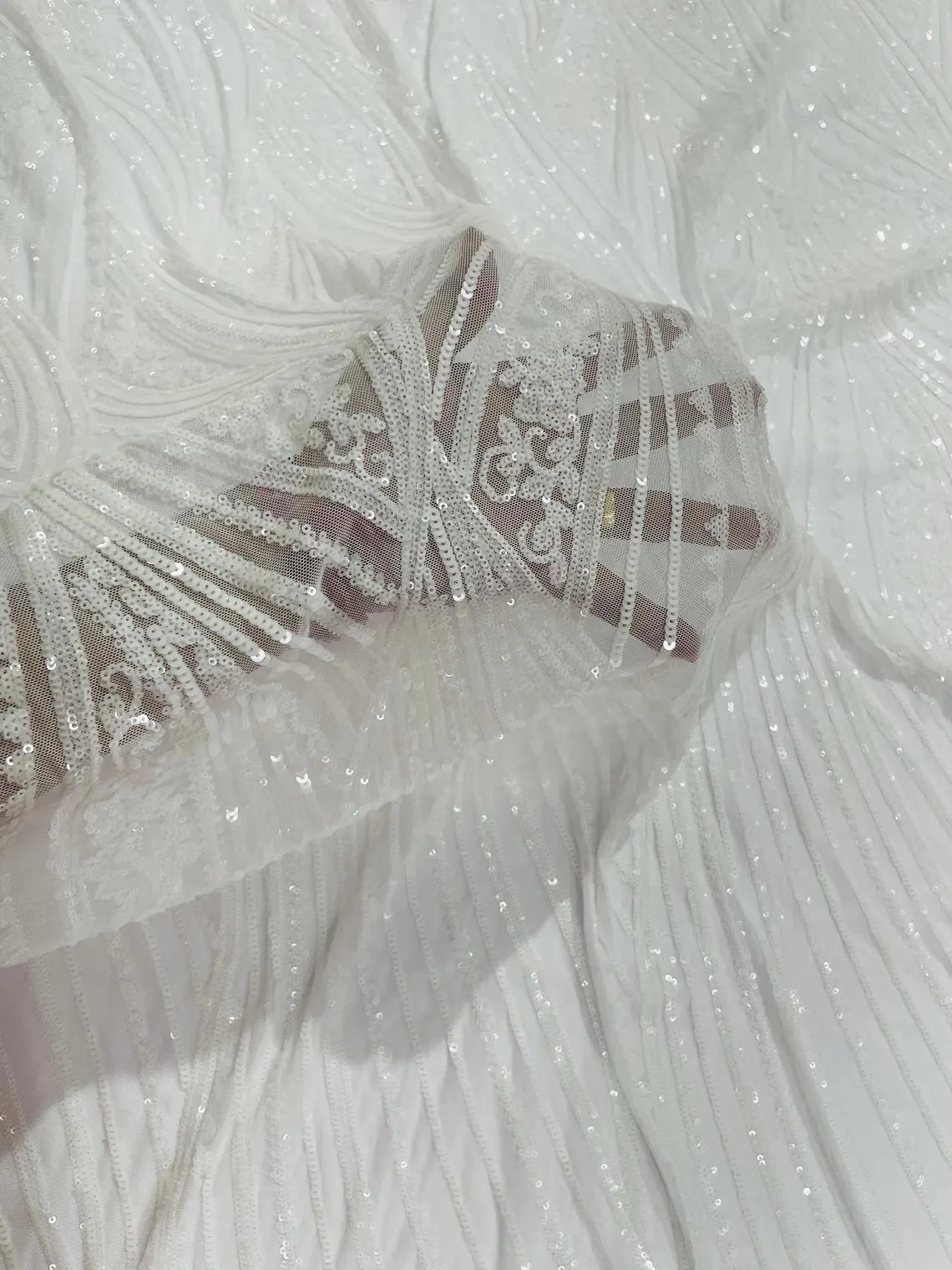 Curvy Line Design Fabric - White - 4 Way Stretch Sequins Design Mesh Lace Fabric by Yard