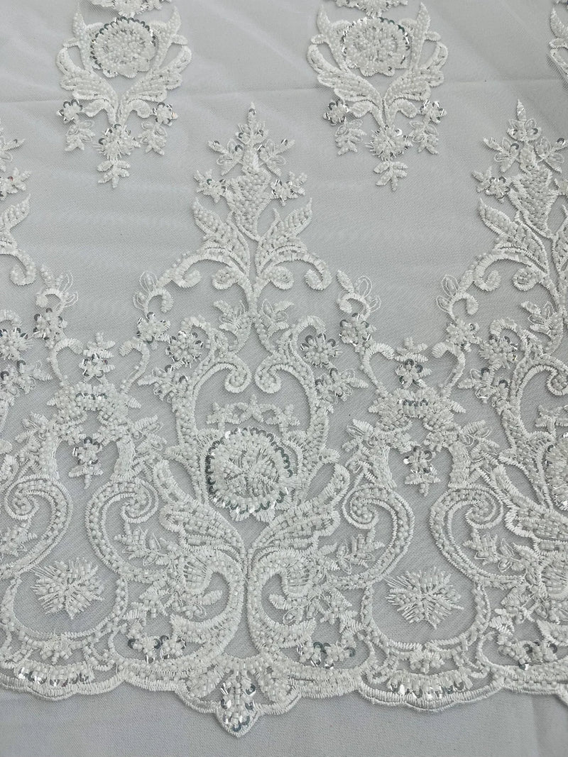 Floral Bead Embroidery Fabric - White - Damask Floral Bead Bridal Lace Fabric by the yard