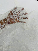 Flower Glitter Fabric - White - 3D Floral Tulle Fabric for Wedding, Quinceañera By Yard