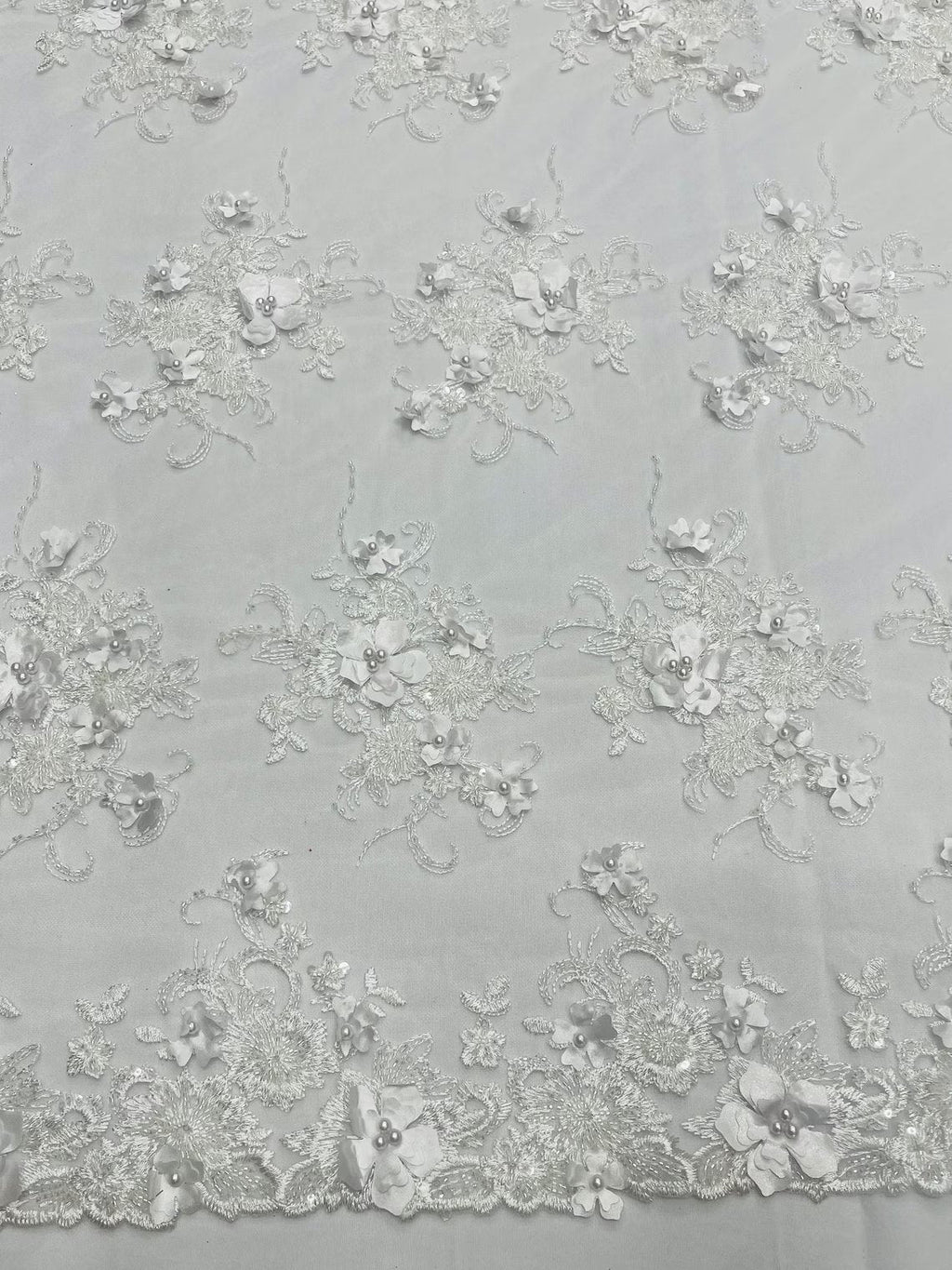 3D Flower Sequins Design - White - Embroidered Pearl Sequins Floral Clusters Lace Fabric By Yard