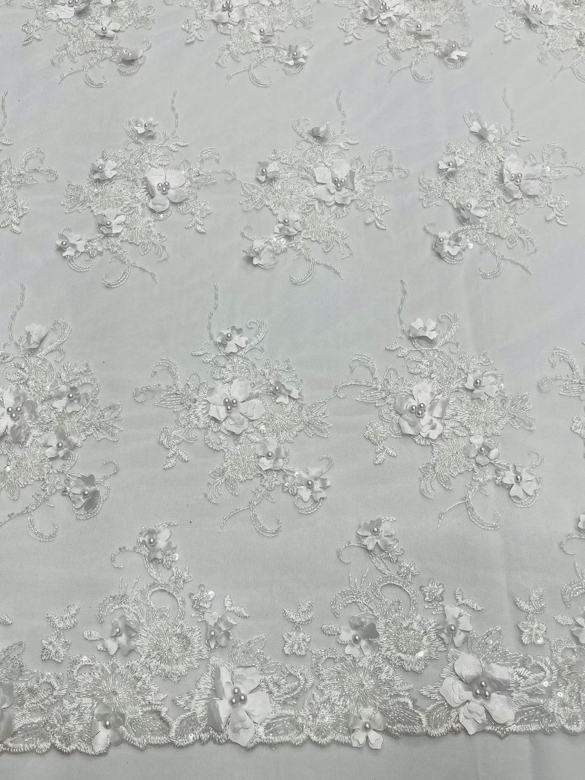 3D Flower Sequins Design - White - Embroidered Pearl Sequins Floral Clusters Lace Fabric By Yard