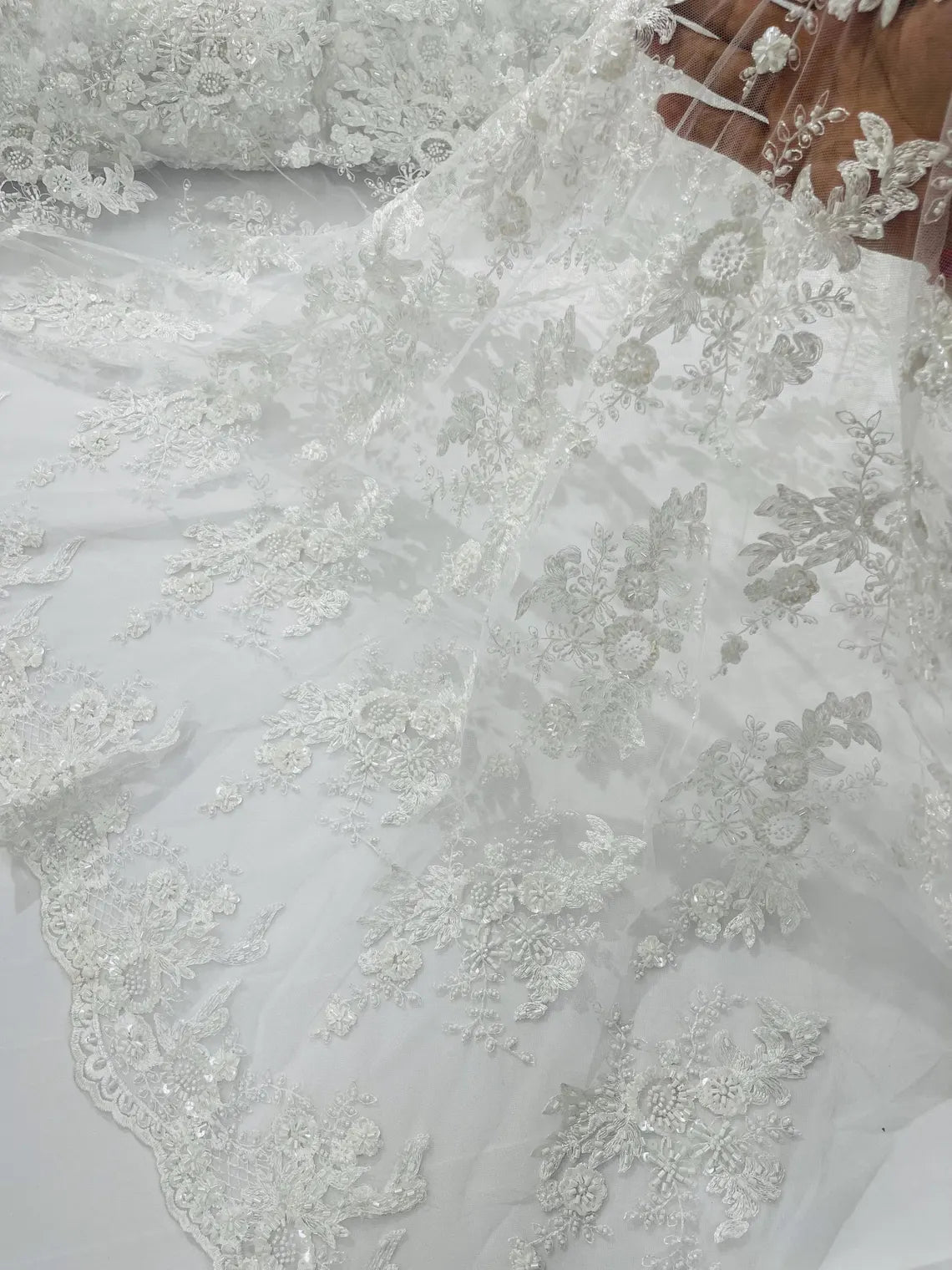 Floral Leaf Beaded Fabric - White - Embroidered Flower Leaf Design Beaded Fabric By Yard