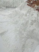 Floral Leaf Beaded Fabric - White - Embroidered Flower Leaf Design Beaded Fabric By Yard