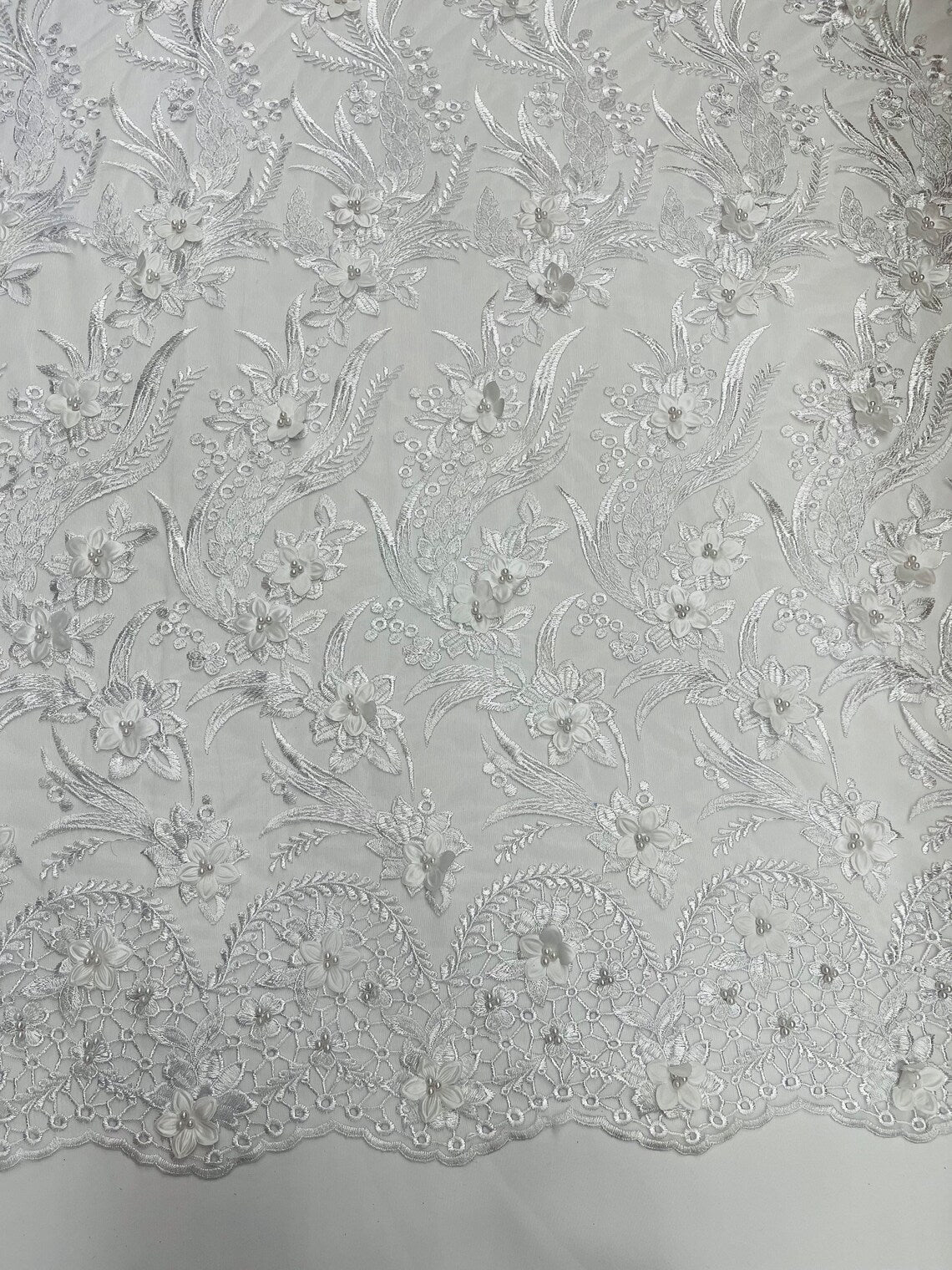 3D Floral Leaf Panels - White - Embroidered 3D Flower Lines with Pearls on Lace By Yard
