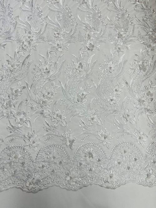 3D Floral Leaf Panels - White - Embroidered 3D Flower Lines with Pearls on Lace By Yard