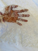 Beaded Floral Plant Design - White - Embroidered Beaded Flower Plants Sequins Fabric By Yard