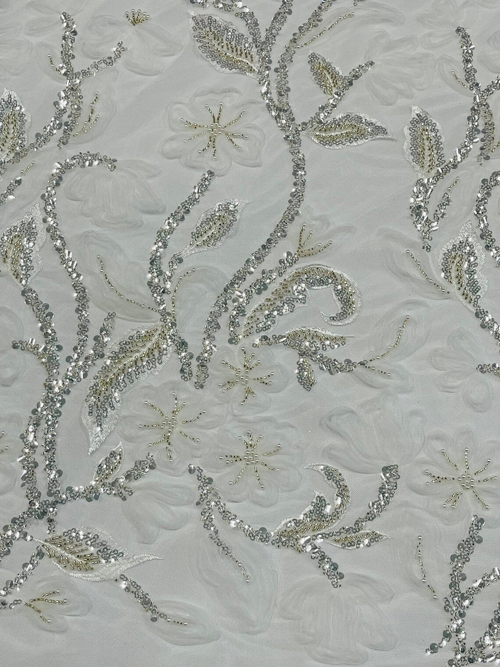 3D Tulle Flower Bead Fabric - White - Mesh Flower Plant Design with Beads By Yard