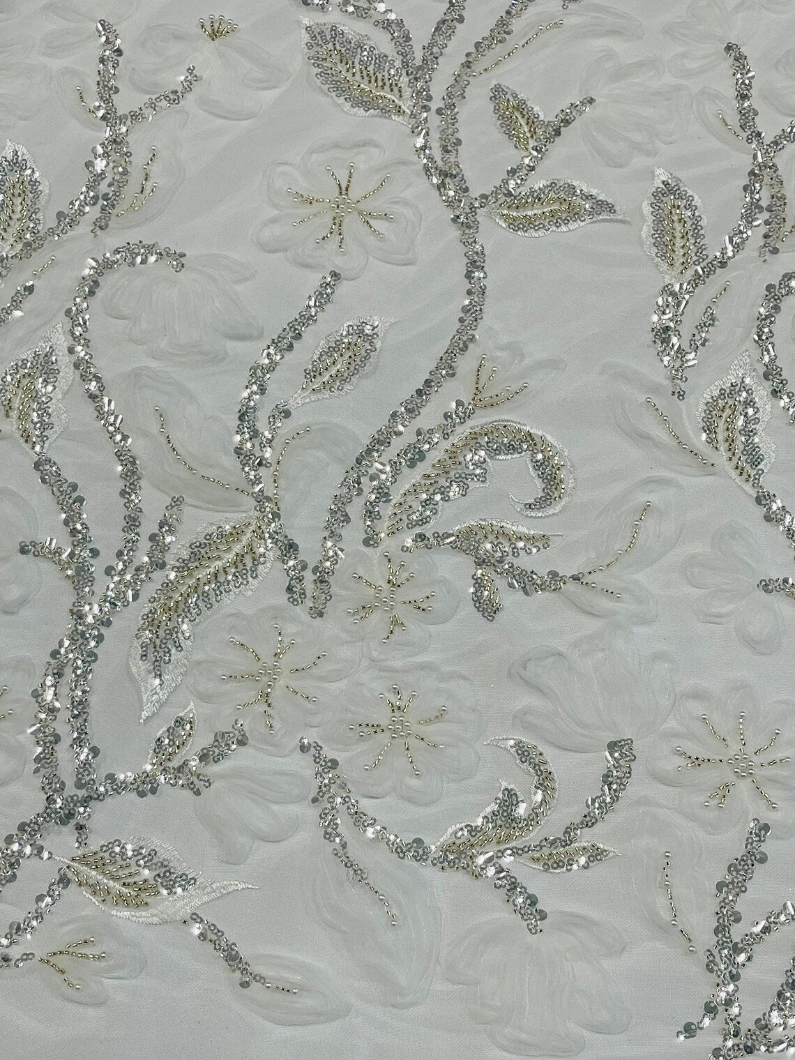 3D Tulle Flower Bead Fabric - White - Mesh Flower Plant Design with Beads By Yard