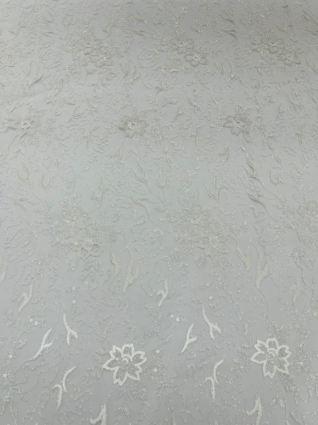 Flower Glitter Fabric - White - 3D Floral Tulle Fabric for Wedding, Quinceañera By Yard