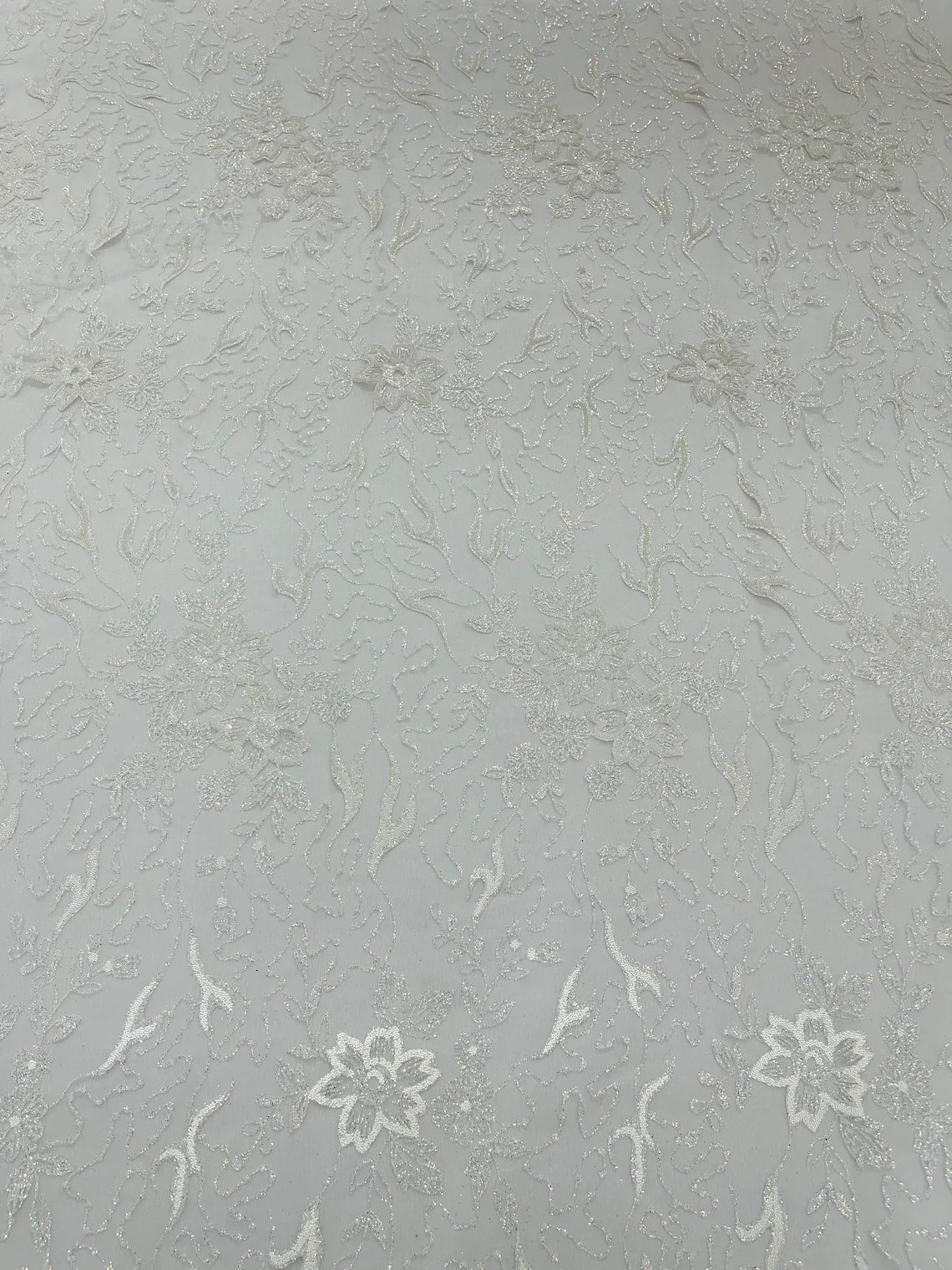 Flower Glitter Fabric - White - 3D Floral Tulle Fabric for Wedding, Quinceañera By Yard