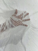 Leaf Design Stretch Sequins - White - 4 Way Stretch Lace Mesh Sequins Fabric by Yard
