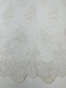 Floral Damask Lace Fabric - White - Embroidered Damask Flowers on Lace Fabric By Yard