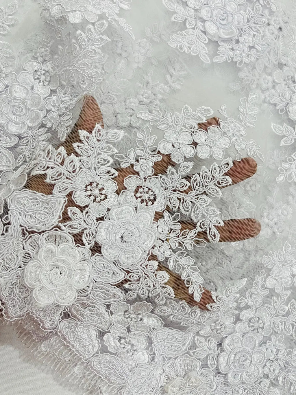 Corded Floral 3D Fabric - White - Embroidered Floral Design on Lace Mesh Fabric by Yard
