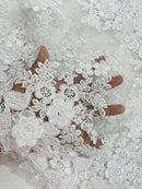 Corded Floral 3D Fabric - White - Embroidered Floral Design on Lace Mesh Fabric by Yard