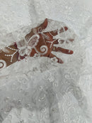 Butterfly Swirl Lace Fabric - White - Metallic Sequins Design on Lace Fabric By Yard