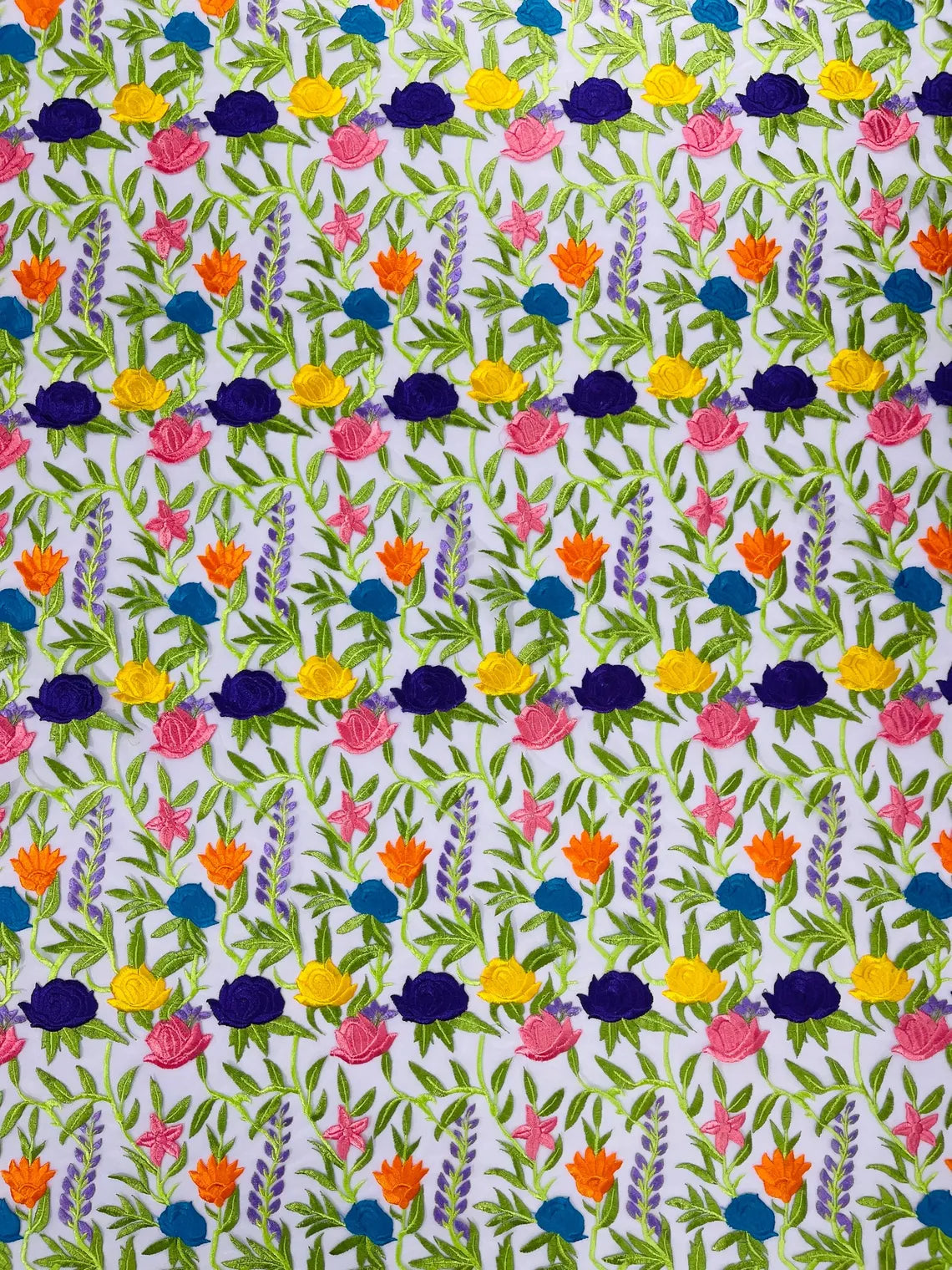 Multi-Color Mexican Sarape Fabric - White Mesh Flower Design Embroidered Lace Fabric By Yard