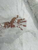 Floral Leaf Beaded Fabric - White - Embroidered Flower Leaf Design Beaded Fabric By Yard