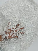 King Lace Pattern Fabric - White - Embroidered Sequins on Lace Mesh Fabric By Yard